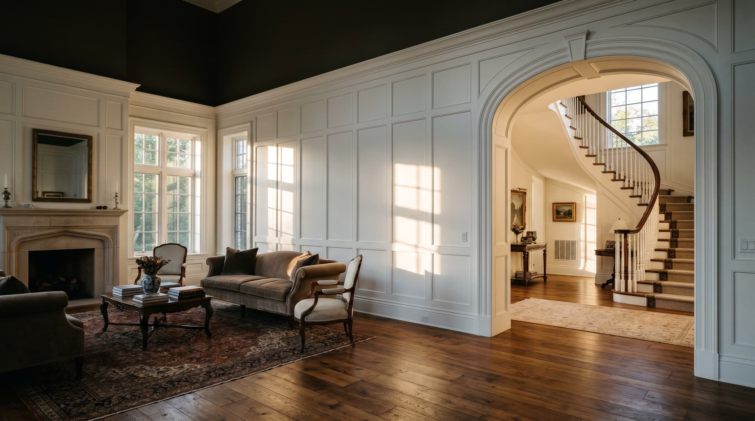 Sunlit luxury interior with crisp white wainscoting and casing details